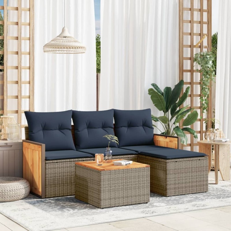 Ensemble de canapé de jardin 5 pcs avec coussins gris résine tressée 639152639152