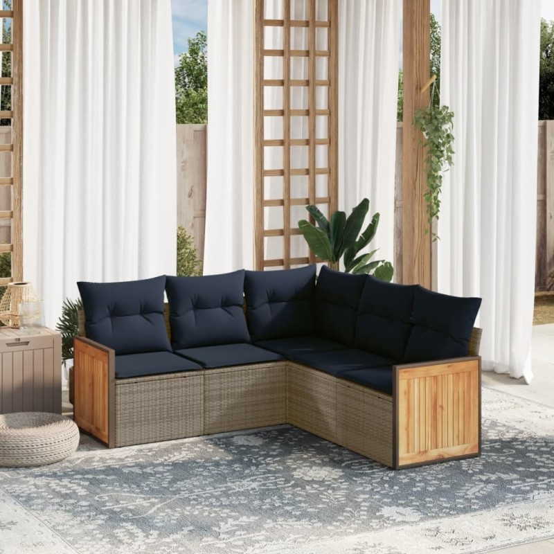 Ensemble de canapé de jardin 5 pcs avec coussins gris résine tressée 639153639153