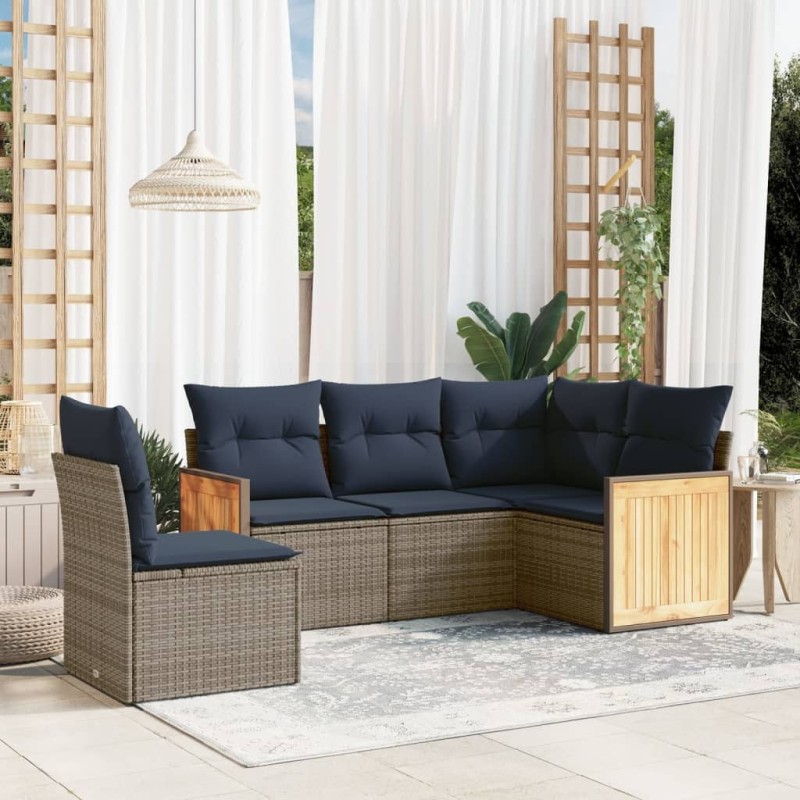 Ensemble de canapé de jardin 5 pcs avec coussins gris résine tressée 639162639162