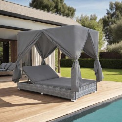 Chaise longue d'extérieur avec rideaux Résine tressée Gris 639416639416