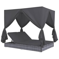 Chaise longue d'extérieur avec rideaux Résine tressée Gris 639416639416