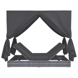 Chaise longue d'extérieur avec rideaux Résine tressée Gris 639416639416