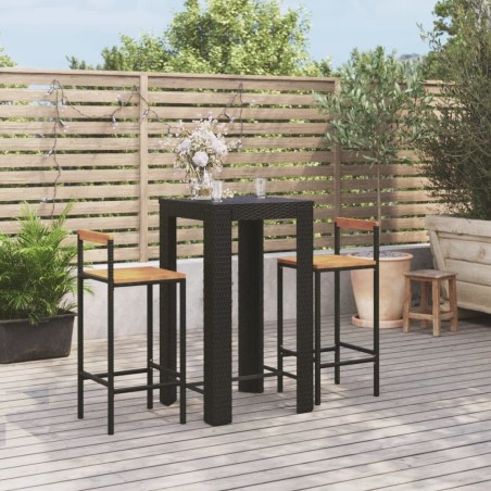 Ensemble de bar jardin 3 pcs noir poly rotin/bois massif acacia 639444639444