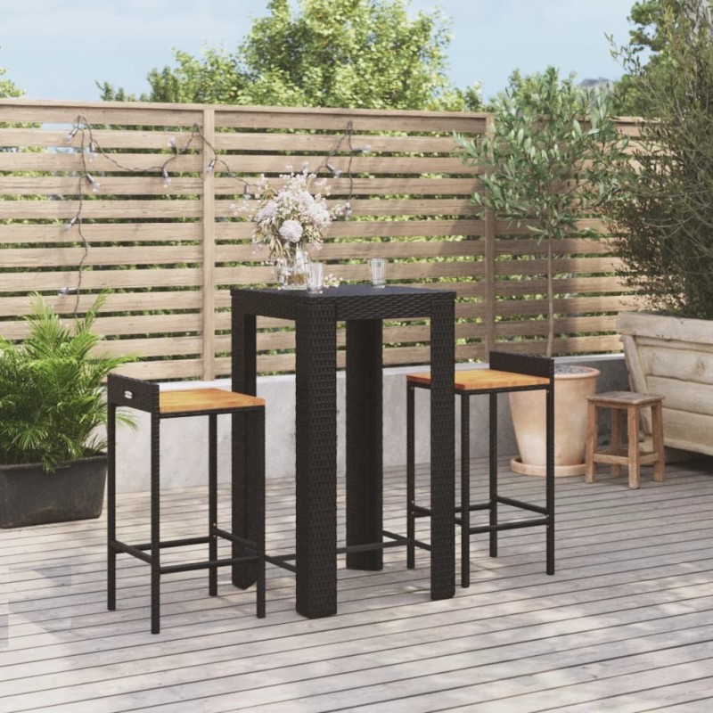 Ensemble de bar jardin 3 pcs noir poly rotin/bois massif acacia 639452639452