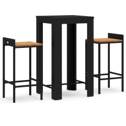 Ensemble de bar jardin 3 pcs noir poly rotin/bois massif acacia 639452639452