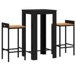 Ensemble de bar jardin 3 pcs noir poly rotin/bois massif acacia 639452639452