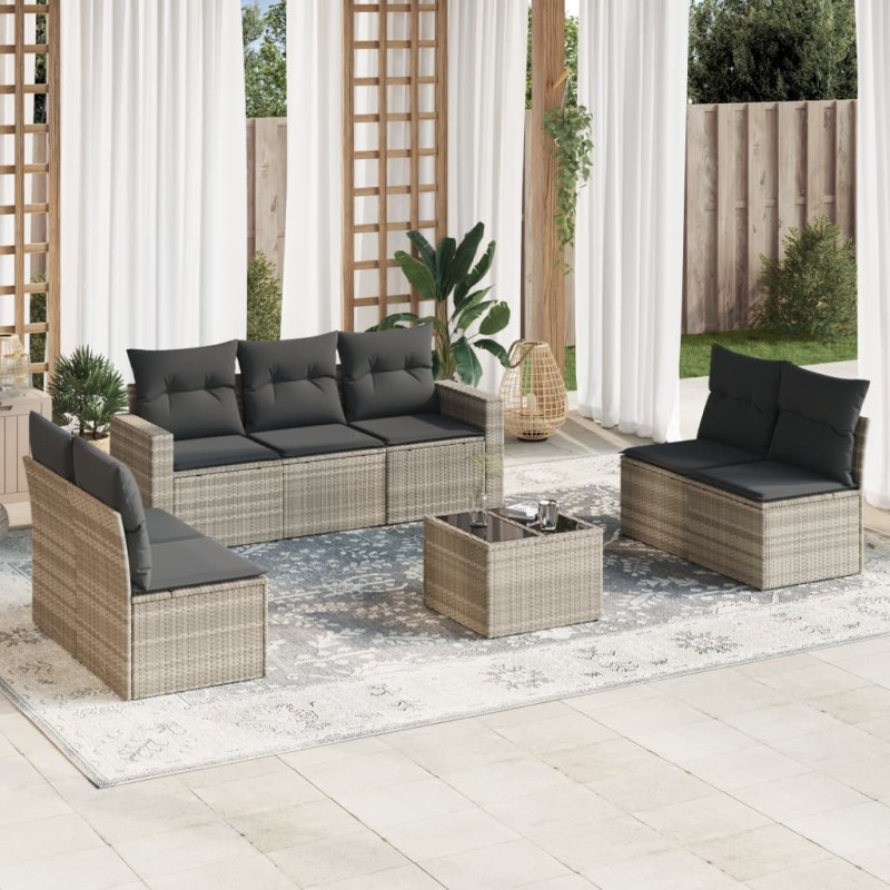 Salon de jardin 8 pcs avec coussins gris clair résine tressée 639582639582