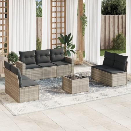 Salon de jardin 8 pcs avec coussins gris clair résine tressée 639582639582
