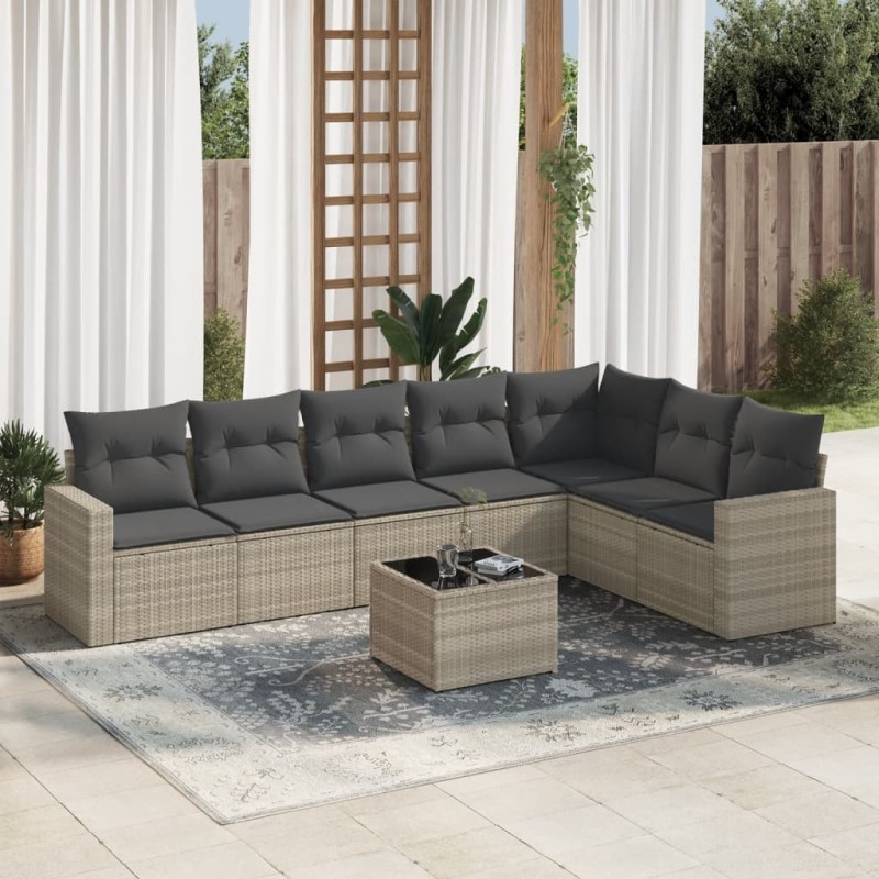 Salon de jardin 8 pcs avec coussins gris clair résine tressée 639584639584