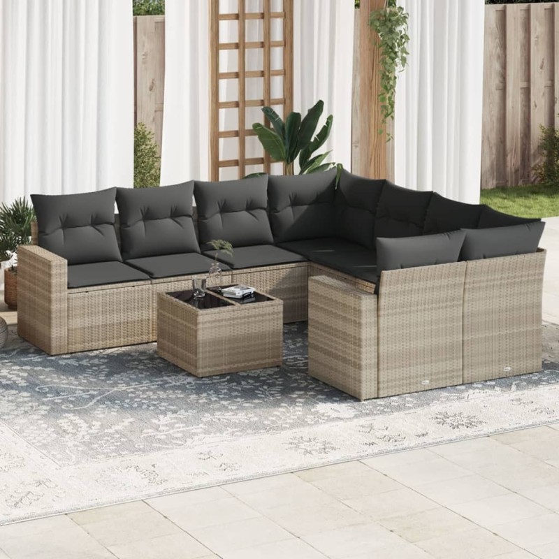 Salon de jardin 9 pcs avec coussins gris clair résine tressée 639586639586