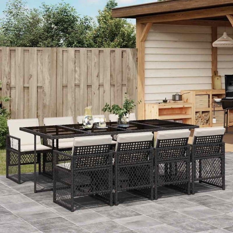 Ensemble à manger de jardin 9pcs coussins noir résine tressée 639701639701