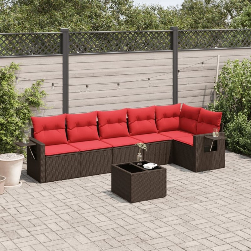 Ensemble de canapé de jardin 7 pcs avec coussins marron résine tressée 639809639809