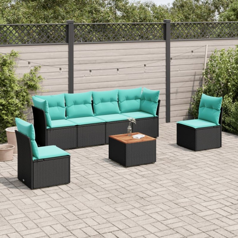 Salon de jardin 7 pcs avec coussins noir résine tressée 640238640238
