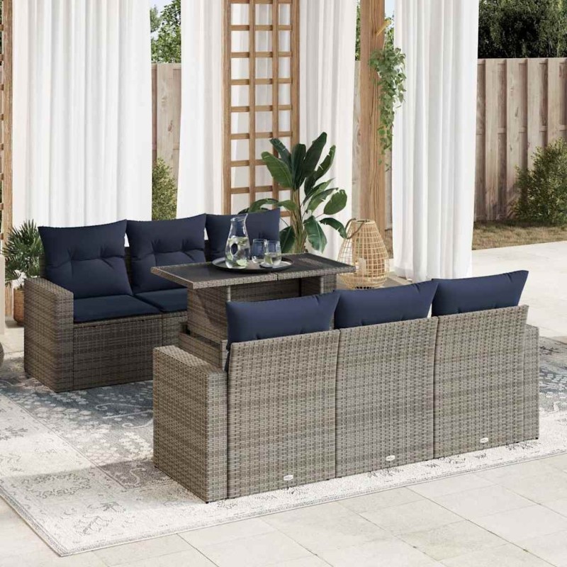 Salon de jardin avec coussins 7 pcs gris résine tressée acacia 640337640337