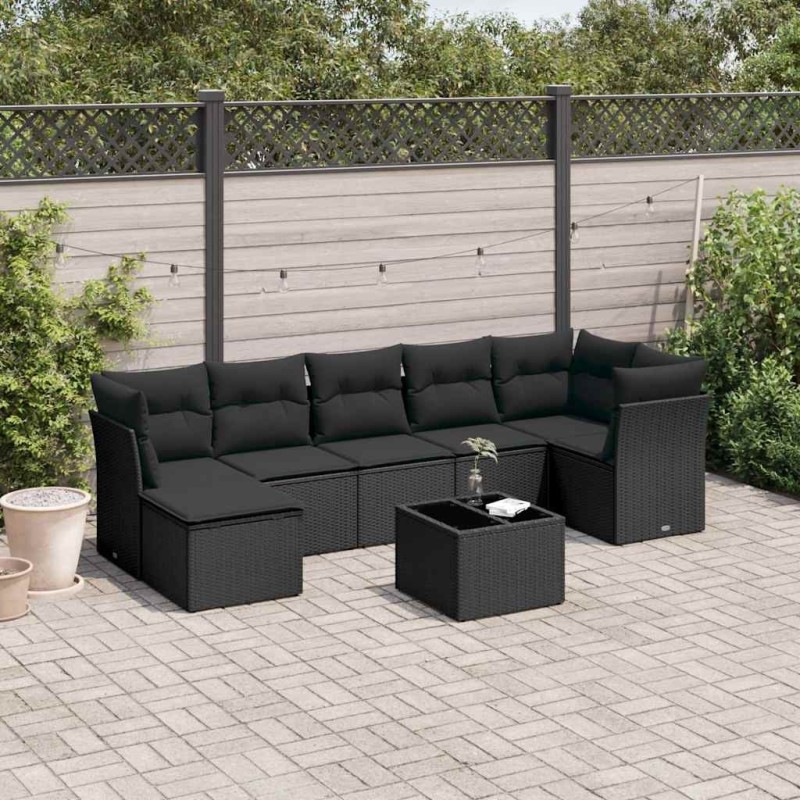 Salon de jardin 8 pcs avec coussins noir résine tressée 640342640342