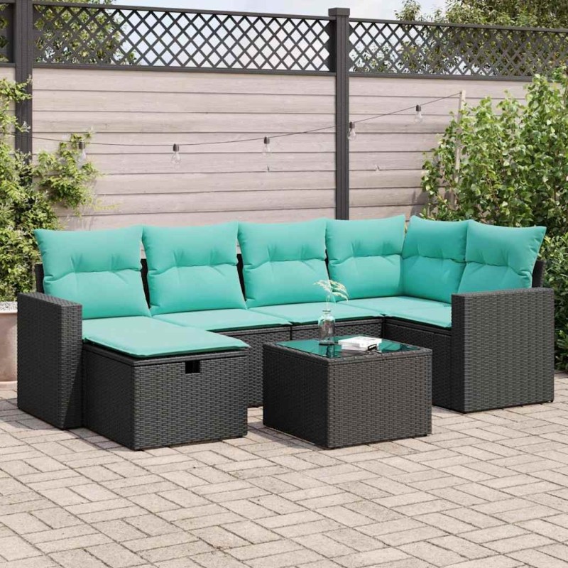 Salon de jardin 7 pcs avec coussins noir résine tressée 640355640355