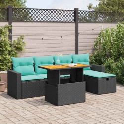 Salon de jardin 6 pcs avec coussins noir résine tressée acacia 640356640356