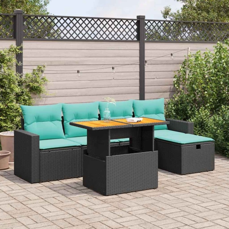 Salon de jardin 6 pcs avec coussins noir résine tressée acacia 640356640356