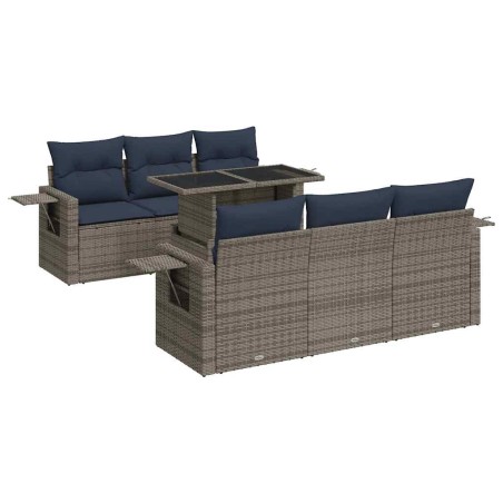 Salon de jardin avec coussins 7 pcs gris résine tressée acacia 640519640519
