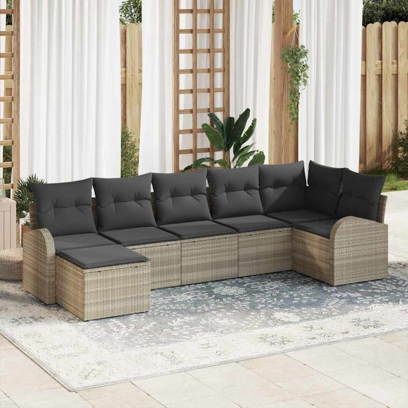 Ensemble de Canapés avec coussin 7 pcs Gris clair polyrotin 640596640596