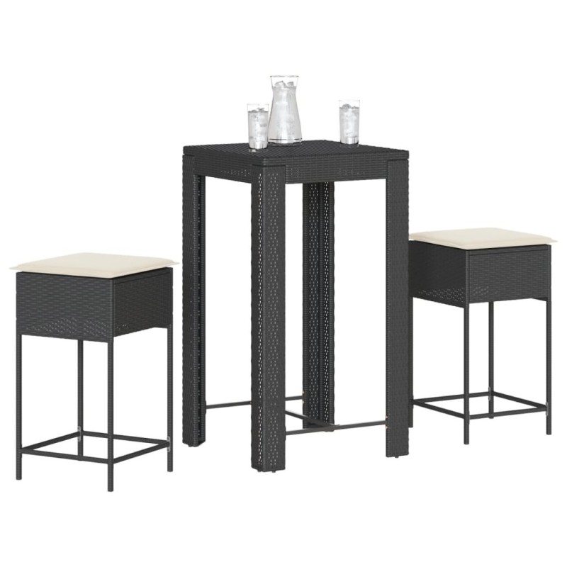 Ensemble de bar de jardin 3 pcs avec coussins noir poly rotin 640622640622