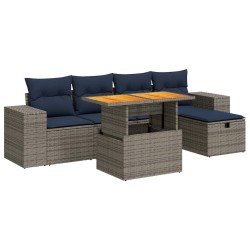 Salon de jardin 6 pcs avec coussins noir résine tressée acacia 640707640707
