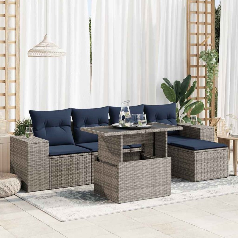 Salon de jardin avec coussins 6 pcs gris résine tressée acacia 640733640733