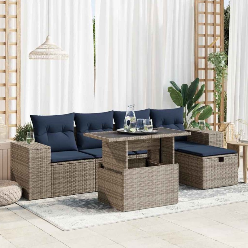 Salon de jardin avec coussins 6pcs marron résine tressée acacia 640735640735