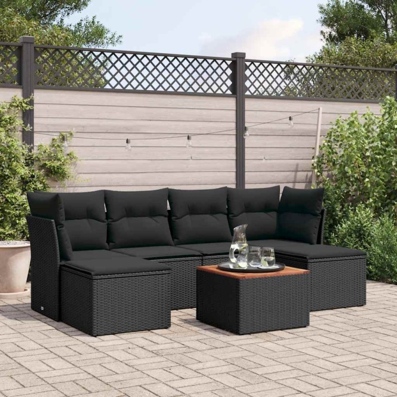 Salon de jardin 7 pcs avec coussins noir résine tressée 641100641100