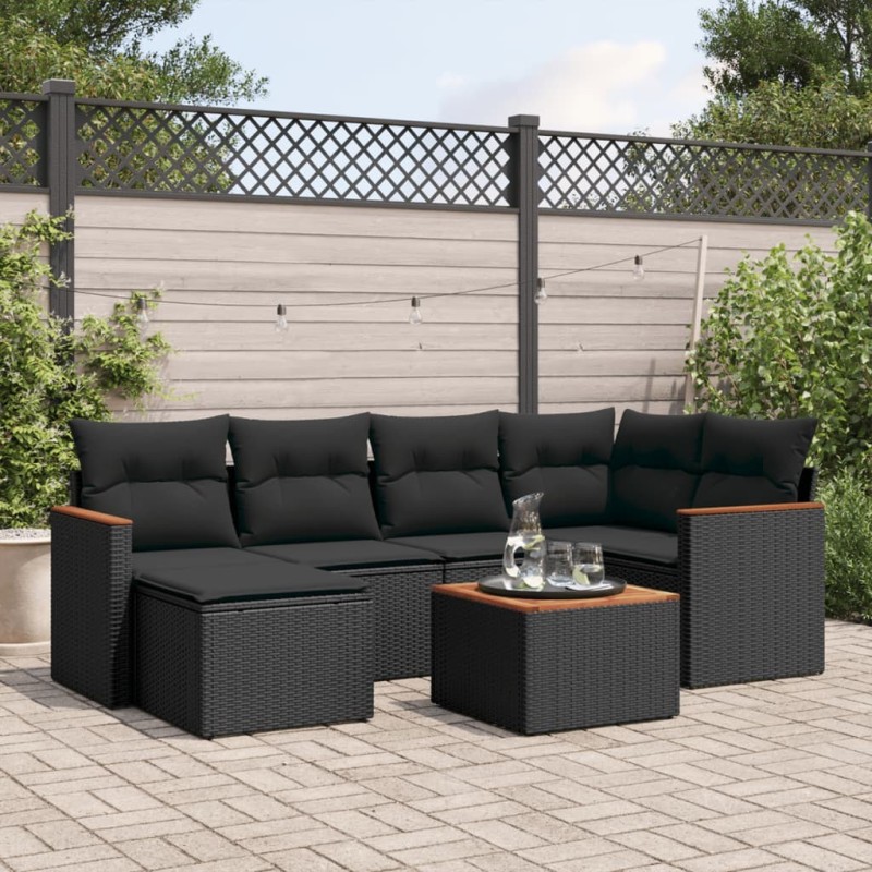 Salon de jardin 7 pcs avec coussins noir résine tressée 641115641115