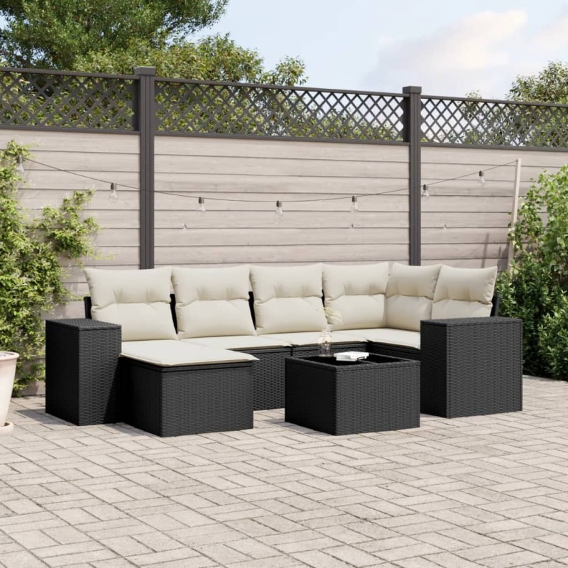 Salon de jardin 7 pcs avec coussins noir résine tressée 641159641159