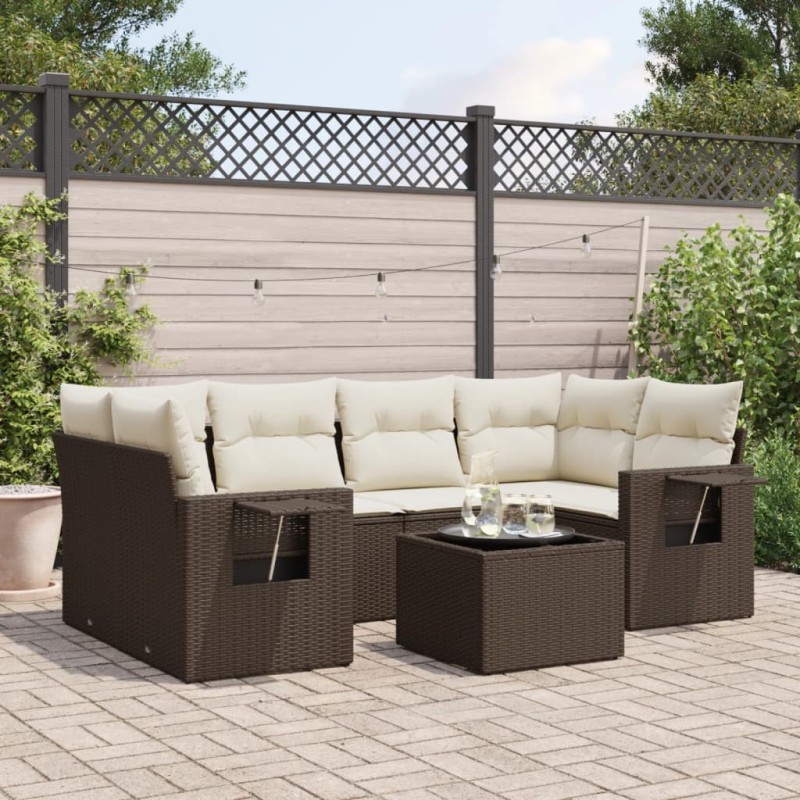 Salon de jardin avec coussins 7 pcs marron résine tressée 641175641175