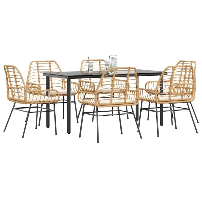 Ensemble à manger jardin coussins 7pcs marron poly rotin verre 641305641305
