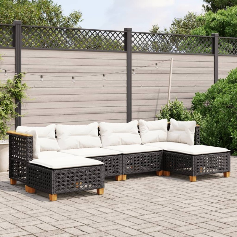 Salon de jardin 6 pcs avec coussins noir résine tressée 641355641355
