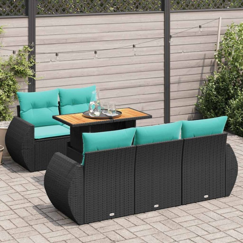 Salon de jardin 6 pcs avec coussins noir résine tressée 641363641363