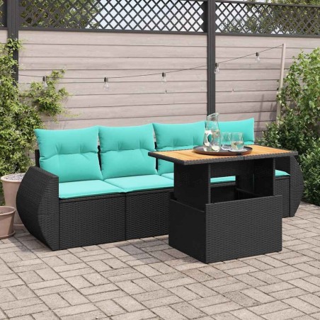 Salon de jardin 5 pcs avec coussins noir résine tressée 641424641424