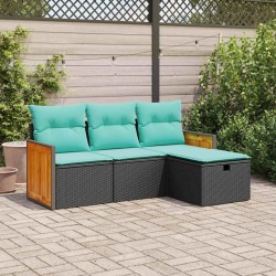 Salon de jardin 4 pcs avec coussins noir résine tressée 641431641431
