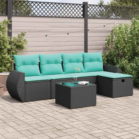 Salon de jardin 6 pcs avec coussins noir résine tressée 641437641437