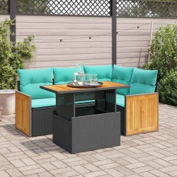 Salon de jardin 5 pcs avec coussins noir résine tressée acacia 641438641438