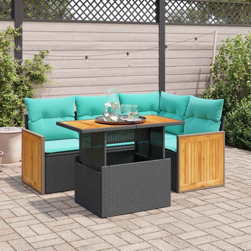 Salon de jardin 5 pcs avec coussins noir résine tressée acacia 641438641438