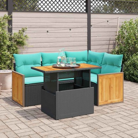 Salon de jardin 5 pcs avec coussins noir résine tressée acacia 641438641438