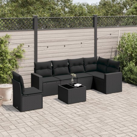 Salon de jardin 7 pcs avec coussins noir résine tressée 641447641447