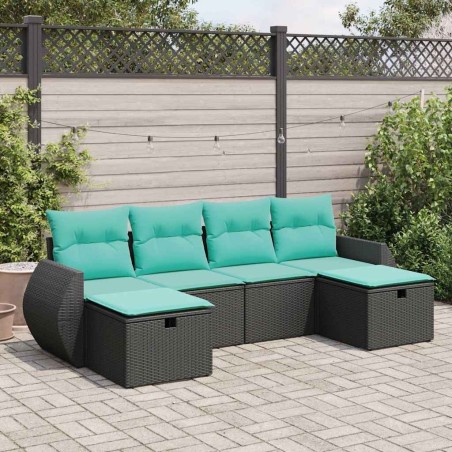Salon de jardin 6 pcs avec coussins noir résine tressée 641473641473
