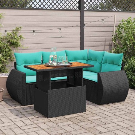 Salon de jardin 5 pcs avec coussins noir résine tressée 641474641474