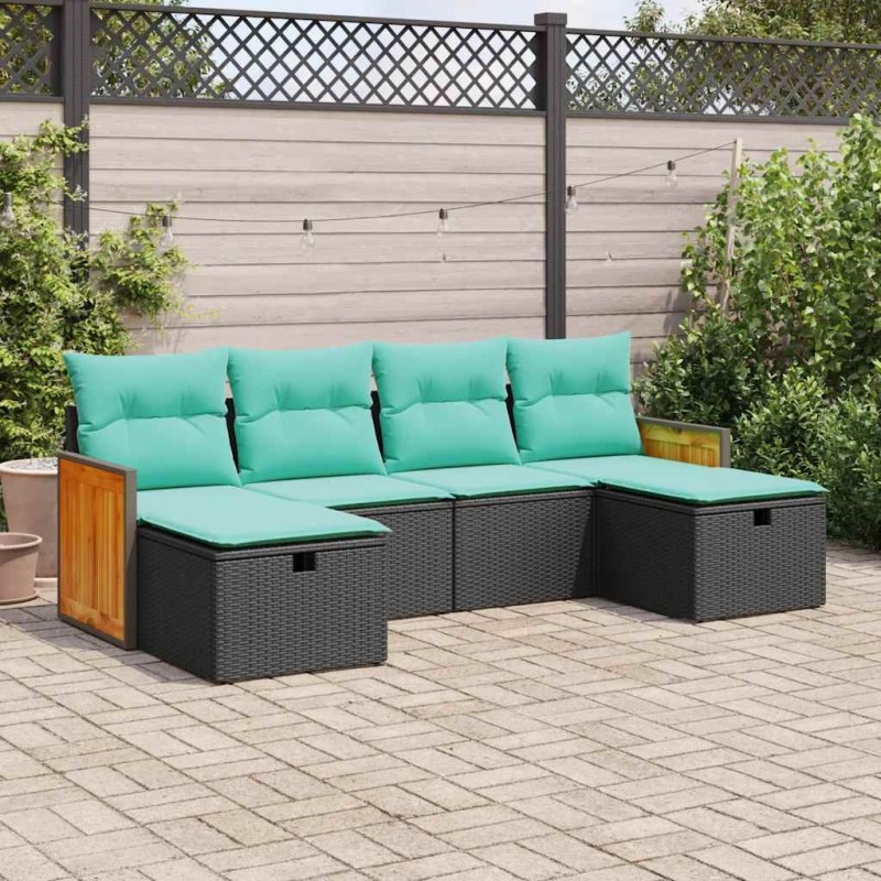Salon de jardin 6 pcs avec coussins noir résine tressée 641475641475