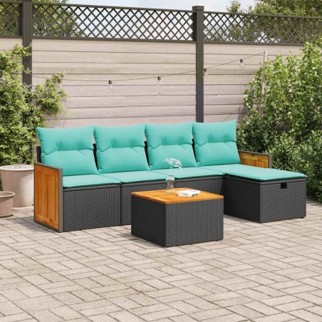 Salon de jardin 6 pcs avec coussins noir résine tressée 641482641482