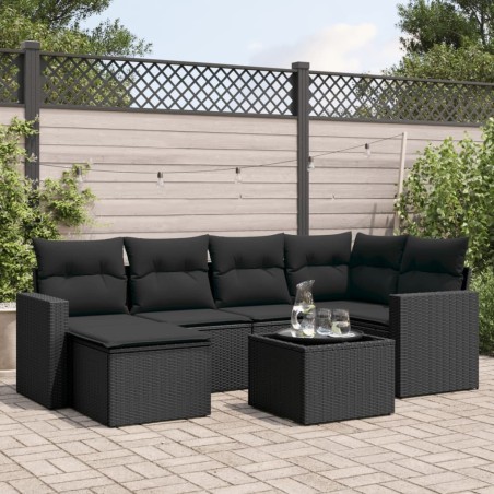 Salon de jardin 7 pcs avec coussins noir résine tressée 641489641489