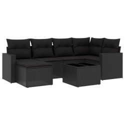 Salon de jardin 7 pcs avec coussins noir résine tressée 641489641489