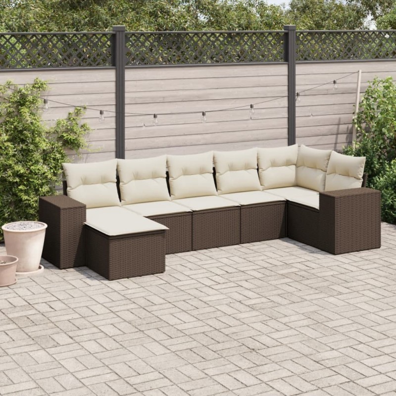 Salon de jardin avec coussins 7 pcs marron résine tressée 641491641491