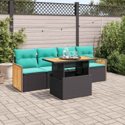 Salon de jardin 5 pcs avec coussins noir résine tressée acacia 641510641510